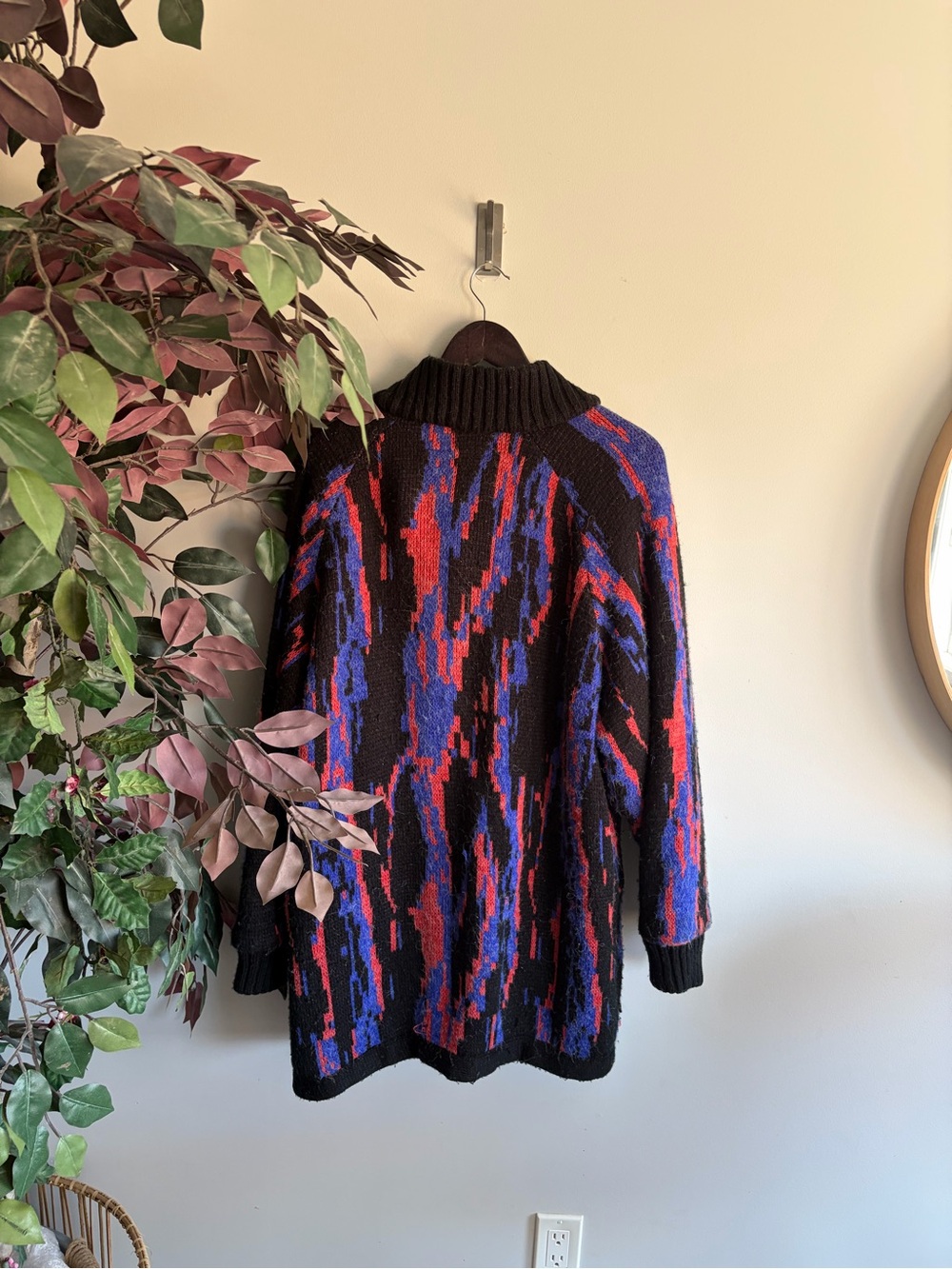 Vintage Black Teddy Jacket with Red & Blue Abstract Knit - Picture 3 of 6